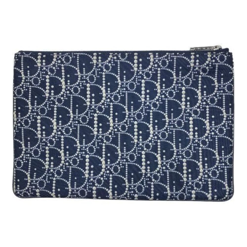 Christian Dior Clutch Bag Second Bag Small Bag Pouch Logo Oblique Nylon Navy - Picture 2 of 5